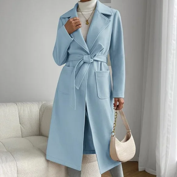 Baby Blue Preppy Womens Lapel Neck Dual Pocket Belted Overcoat - Picture 4 of 5